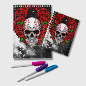 Блокнот с принтом Skull and Roses в Рязани, 100% бумага | 48 листов, плотность листов — 60 г/м2, плотность картонной обложки — 250 г/м2. Листы скреплены удобной пружинной спиралью. Цвет линий — светло-серый
 | flowers | muertos | roses | skull | space | tribal | звезды | космос | лепестки | муэртос | розы | трайбл | цветы | череп