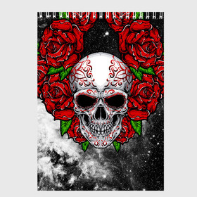 Скетчбук с принтом Skull and Roses в Рязани, 100% бумага
 | 48 листов, плотность листов — 100 г/м2, плотность картонной обложки — 250 г/м2. Листы скреплены сверху удобной пружинной спиралью | flowers | muertos | roses | skull | space | tribal | звезды | космос | лепестки | муэртос | розы | трайбл | цветы | череп