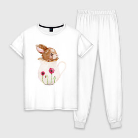 Женская пижама хлопок с принтом Зайчик в вазочке в Рязани, 100% хлопок | брюки и футболка прямого кроя, без карманов, на брюках мягкая резинка на поясе и по низу штанин | ваза | заяц | кролик | розовая | цветы