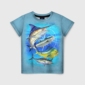 Детская футболка 3D с принтом Marlin and other fish в Рязани, 100% гипоаллергенный полиэфир | прямой крой, круглый вырез горловины, длина до линии бедер, чуть спущенное плечо, ткань немного тянется | рыба | рыбак | рыбалка | снасти | увлечение | улов | хобби