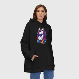 Худи SuperOversize хлопок с принтом RastaUnicorn в Рязани, 70% хлопок, 30% полиэстер, мягкий начес внутри | карман-кенгуру, эластичная резинка на манжетах и по нижней кромке, двухслойный капюшон
 | Тематика изображения на принте: color | dreads | glases | unicorn | дреды | единорог | конь | лошадь | очки | рог | уши | цветной