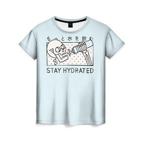 Женская футболка 3D с принтом STAY HYDRATED в Рязани, 100% полиэфир ( синтетическое хлопкоподобное полотно) | прямой крой, круглый вырез горловины, длина до линии бедер | death | japan | skeleton | sport | vegan | water | yoga | веган | вегетарианство | вода | йога | скелет | спорт | хэллоуин | череп | япония