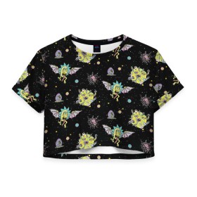 Женская футболка Cropp-top с принтом Rick and Morty pattern space в Рязани, 100% полиэстер | круглая горловина, длина футболки до линии талии, рукава с отворотами | morty | pattern | rick | rick and morty | space | t shirt | vdosadir