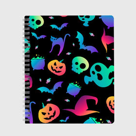 Тетрадь с принтом Rainbow Halloween в Рязани, 100% бумага | 48 листов, плотность листов — 60 г/м2, плотность картонной обложки — 250 г/м2. Листы скреплены сбоку удобной пружинной спиралью. Уголки страниц и обложки скругленные. Цвет линий — светло-серый
 | diy | ghost | halloween | horror | makeup | scary | trick or treat | вампир | ведьма | кошка | луна | магия | новинки | ночь | тыква | хэллоуин