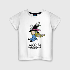 Детская футболка хлопок с принтом Алиса в стране чудес в Рязани, 100% хлопок | круглый вырез горловины, полуприлегающий силуэт, длина до линии бедер | alice | dress | girl | hair | hat | rabbit | ribbon | tale | wings | алиса | бант | волосы | девочка | кролик | крылья | лицо | платье | сказка | шляпа