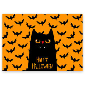 Поздравительная открытка с принтом Happy halloween в Рязани, 100% бумага | плотность бумаги 280 г/м2, матовая, на обратной стороне линовка и место для марки
 | halloween | horror | вампир | кот | кот вампир | котик | кошка | летучие мыши | мыши | пятница 13 | страшилки | страшно | ужасы | хоррор | хэллоуин