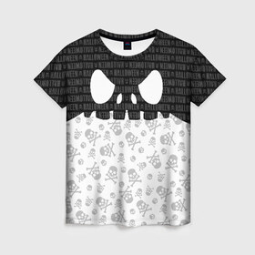Женская футболка 3D с принтом Halloween в Рязани, 100% полиэфир ( синтетическое хлопкоподобное полотно) | прямой крой, круглый вырез горловины, длина до линии бедер | ghost | halloween | pumpkin | skull | zombie | ведьма | джек | дух | зомби | кельты | кости | криповый | крипота | монстр | нечисть | праздник | привидение | призрак | пугало | скелет | страшный | тень | тыква | хеллоуин