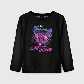 Детский лонгслив 3D с принтом Cat To The Bone в Рязани, 100% полиэстер | длинные рукава, круглый вырез горловины, полуприлегающий силуэт
 | 80 | bone | bones | cat | cyber | game | hotline | hotlinemiami | maiami | music | outrun | retro | retrowave | skull | synth | synthwave | игра | кибер | кот | кошка | ретро | череп