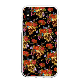 Чехол для iPhone XS Max матовый с принтом Skulls and Roses в Рязани, Силикон | Область печати: задняя сторона чехла, без боковых панелей | Тематика изображения на принте: flowers | halloween | rose | skull | tattoo | жуки | насекомые | роза | тату | татуировка | хеллоуин | хэллоуин | цветок | цветы | череп