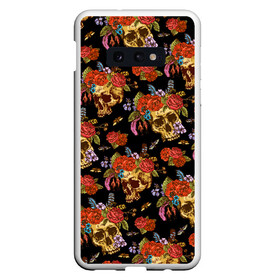 Чехол для Samsung S10E с принтом Skulls and Roses в Рязани, Силикон | Область печати: задняя сторона чехла, без боковых панелей | Тематика изображения на принте: flowers | halloween | rose | skull | tattoo | жуки | насекомые | роза | тату | татуировка | хеллоуин | хэллоуин | цветок | цветы | череп