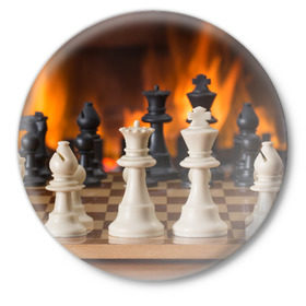 Значок с принтом Шахматы в Рязани,  металл | круглая форма, металлическая застежка в виде булавки | дамка | доска | игра | игры | камин | конь | король | огне | огнём | огненное | огонь | пешка | пламя | слон | ферзь | фигурки | фигуры | шахматная | шахматы