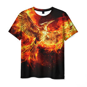 Мужская футболка 3D с принтом Феникс в огне в Рязани, 100% полиэфир | прямой крой, круглый вырез горловины, длина до линии бедер | Тематика изображения на принте: fire | flame | phoenix | крылья | огонь | перья | пламя | птица | феникс