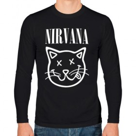 Мужской лонгслив хлопок с принтом NIRVANA в Рязани, 100% хлопок |  | cat | kitty | nirvana | smile | кот | курт кобейн | нирвана | смайл