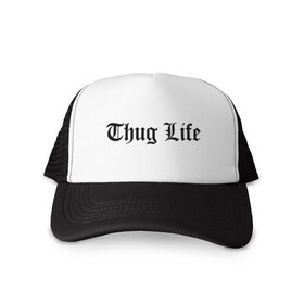 Кепка тракер с сеткой с принтом THUG LIFE в Рязани, трикотажное полотно; задняя часть — сетка | длинный козырек, универсальный размер, пластиковая застежка | Тематика изображения на принте: 2pac | thug life | tupac | tupac shakur | жизнь головореза | тупак | тупак шакур