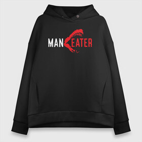 Женское худи Oversize хлопок с принтом Maneater в Рязани, френч-терри — 70% хлопок, 30% полиэстер. Мягкий теплый начес внутри —100% хлопок | боковые карманы, эластичные манжеты и нижняя кромка, капюшон на магнитной кнопке | Тематика изображения на принте: fish | maneater | megalodon | monster | ocean | predator | sea | shark | water | акула | акулы | вода | водный | людоед | людоеды | мегалодон | монстр | море | океан | охотник | рыба | хищник