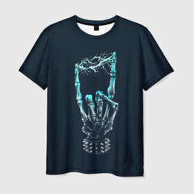 Мужская футболка 3D с принтом Rock в Рязани, 100% полиэфир | прямой крой, круглый вырез горловины, длина до линии бедер | bone | bones | dead | death | electro | music | rock | skeleton | е | еее | кости | кость | молния | музыка | рок | роцк | рука | скелет | электричество | электро