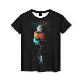 Женская футболка 3D с принтом Космонавт с шариками в Рязани, 100% полиэфир ( синтетическое хлопкоподобное полотно) | прямой крой, круглый вырез горловины, длина до линии бедер | cat | elon | galaxy | mars | moon | musk | nasa | space | spacex | вселенная | галактика | звезды | илон | космонавт | космос | луна | марс | маск | наса | скафандр