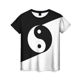 Женская футболка 3D с принтом Инь - янь (#1) в Рязани, 100% полиэфир ( синтетическое хлопкоподобное полотно) | прямой крой, круглый вырез горловины, длина до линии бедер | black | signs | white. | ying   yang | белый | знаки | инь   янь | чёрный