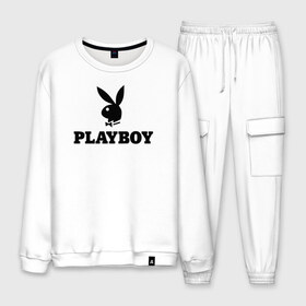 Мужской костюм хлопок с принтом Playboy в Рязани, 100% хлопок | на свитшоте круглая горловина, мягкая резинка по низу. Брюки заужены к низу, на них два вида карманов: два “обычных” по бокам и два объемных, с клапанами, расположенные ниже линии бедра. Брюки с мягкой трикотажной резинкой на поясе и по низу штанин. В поясе для дополнительного комфорта — широкие завязки | brazzers | cекс | merch | new sensations | playboy | private | tushy | бразерс | мерч | плейбой