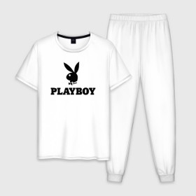 Мужская пижама хлопок с принтом Playboy в Рязани, 100% хлопок | брюки и футболка прямого кроя, без карманов, на брюках мягкая резинка на поясе и по низу штанин
 | brazzers | cекс | merch | new sensations | playboy | private | tushy | бразерс | мерч | плейбой