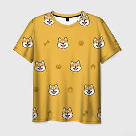 Мужская футболка 3D с принтом Сиба-ину. Акита-ину. (Жёлтая)  в Рязани, 100% полиэфир | прямой крой, круглый вырез горловины, длина до линии бедер | Тематика изображения на принте: сиба ину