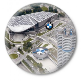 Значок с принтом BMW city в Рязани,  металл | круглая форма, металлическая застежка в виде булавки | bmw | buildings | city | germany | munich | prestige | бмв | германия | город | здания | мюнхен | престиж