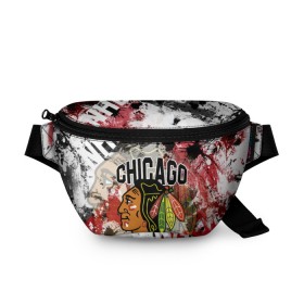 Поясная сумка 3D с принтом Chicago Blackhawks в Рязани, 100% полиэстер | плотная ткань, ремень с регулируемой длиной, внутри несколько карманов для мелочей, основное отделение и карман с обратной стороны сумки застегиваются на молнию | blackhawks | chicago | chicago blackhawks | hockey | nhl | usa | блэкхокс | нхл | спорт | сша | хоккей | чикаго | чикаго блэкхокс | шайба