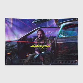 Флаг-баннер с принтом CYBERPUNK 2077 - КИАНУ в Рязани, 100% полиэстер | размер 67 х 109 см, плотность ткани — 95 г/м2; по краям флага есть четыре люверса для крепления | 2077 | cyber | cyberpunk | demon | glitch | keanu | logo | punk | reeves | samurai | symbol | team | trauma | глитч | демон | киану | кибер | киберпанк | клан | лого | логотип | огонь | панк | ривз | самурай | символ