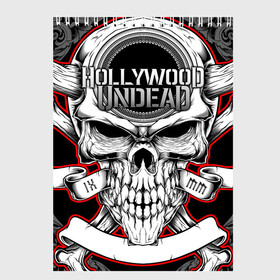 Скетчбук с принтом Hollywood Undead в Рязани, 100% бумага
 | 48 листов, плотность листов — 100 г/м2, плотность картонной обложки — 250 г/м2. Листы скреплены сверху удобной пружинной спиралью | Тематика изображения на принте: been | bloody nose | california | hell | lyrics | music | octone | official | psalms | records | rock | song | to | vevo | video | кранккор | метал | рэп рок | электроник