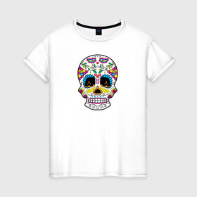 Женская футболка хлопок с принтом Мексиканский череп - Skull в Рязани, 100% хлопок | прямой крой, круглый вырез горловины, длина до линии бедер, слегка спущенное плечо | calavera | day of the dead | dia de los muertos | halloween | skull | sugar skull | готика | день мертвых | колдовство | мексиканский череп | мистика | подарок | сахарный череп | цветы | череп