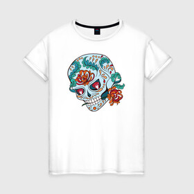 Женская футболка хлопок с принтом Череп с цветами в Рязани, 100% хлопок | прямой крой, круглый вырез горловины, длина до линии бедер, слегка спущенное плечо | 8 марта | day of the dead | gothic | halloween | skull | sugar skull | день мертвых | женский череп | мексиканский череп | новый год | подарок | сахарный череп | хэллоуин | человек | череп девушки