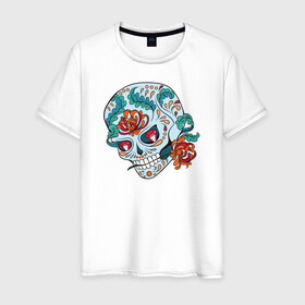 Мужская футболка хлопок с принтом Череп с цветами в Рязани, 100% хлопок | прямой крой, круглый вырез горловины, длина до линии бедер, слегка спущенное плечо. | 8 марта | day of the dead | gothic | halloween | skull | sugar skull | день мертвых | женский череп | мексиканский череп | новый год | подарок | сахарный череп | хэллоуин | человек | череп девушки