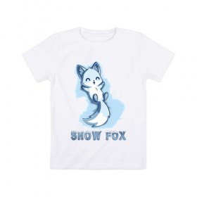 Детская футболка хлопок с принтом Snow fox в Рязани, 100% хлопок | круглый вырез горловины, полуприлегающий силуэт, длина до линии бедер | Тематика изображения на принте: fox | snow | лис | лиса | лисёнок | лисичка | снег