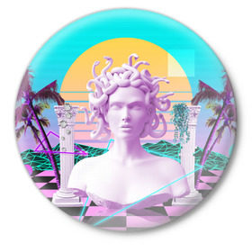 Значок с принтом Медуза Горгона в Рязани,  металл | круглая форма, металлическая застежка в виде булавки | vaporwave | медуза горгона | неон | пальмы | скульптура | существо