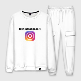 Мужской костюм хлопок с принтом Just Instagram It в Рязани, 100% хлопок | на свитшоте круглая горловина, мягкая резинка по низу. Брюки заужены к низу, на них два вида карманов: два “обычных” по бокам и два объемных, с клапанами, расположенные ниже линии бедра. Брюки с мягкой трикотажной резинкой на поясе и по низу штанин. В поясе для дополнительного комфорта — широкие завязки | Тематика изображения на принте: app | blogger | filter | instagram | mask | media | photo | social | video | блогер | видео | инста | инстаграм | маска | приложение | сеть | социальная | фильтр | фотография