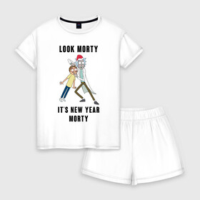 Женская пижама с шортиками хлопок с принтом LOOK MORTY ITS NEW YEAR MORTY в Рязани, 100% хлопок | футболка прямого кроя, шорты свободные с широкой мягкой резинкой | Тематика изображения на принте: cn_1970499_019061 | rick and morty | мультсериал | новый год | рик и морти | рождество