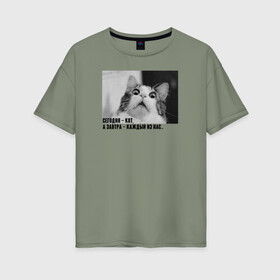 Женская футболка хлопок Oversize с принтом Сегодня-кот, а завтра .. в Рязани, 100% хлопок | свободный крой, круглый ворот, спущенный рукав, длина до линии бедер
 | викторлетай | кот | котики | мемы | приколы