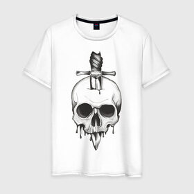 Мужская футболка хлопок с принтом Skull with dagger в Рязани, 100% хлопок | прямой крой, круглый вырез горловины, длина до линии бедер, слегка спущенное плечо. | death | fear | rose | rose and skull | rose and snake | skull | skull and snake | skulls | snake | snakes | змеи | змея | роза | роза и змея | роза и череп | череп | череп и змея | черепа