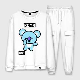 Мужской костюм хлопок с принтом KOYA BT21 в Рязани, 100% хлопок | на свитшоте круглая горловина, мягкая резинка по низу. Брюки заужены к низу, на них два вида карманов: два “обычных” по бокам и два объемных, с клапанами, расположенные ниже линии бедра. Брюки с мягкой трикотажной резинкой на поясе и по низу штанин. В поясе для дополнительного комфорта — широкие завязки | Тематика изображения на принте: bt21 | bts | chimmy | cooky | koya | love yourself. | mang | rj | shooky | tata | бт21 | бтс