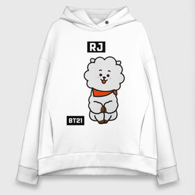 Женское худи Oversize хлопок с принтом RJ BT21 в Рязани, френч-терри — 70% хлопок, 30% полиэстер. Мягкий теплый начес внутри —100% хлопок | боковые карманы, эластичные манжеты и нижняя кромка, капюшон на магнитной кнопке | Тематика изображения на принте: bt21 | bts | chimmy | cooky | koya | love yourself. | mang | rj | shooky | tata | бт21 | бтс