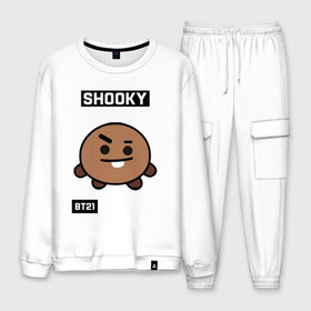 Мужской костюм хлопок с принтом SHOOKY BT21 в Рязани, 100% хлопок | на свитшоте круглая горловина, мягкая резинка по низу. Брюки заужены к низу, на них два вида карманов: два “обычных” по бокам и два объемных, с клапанами, расположенные ниже линии бедра. Брюки с мягкой трикотажной резинкой на поясе и по низу штанин. В поясе для дополнительного комфорта — широкие завязки | Тематика изображения на принте: bt21 | bts | chimmy | cooky | koya | love yourself. | mang | rj | shooky | tata | бт21 | бтс