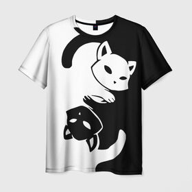 Мужская футболка 3D с принтом ДВА КОТА КУВЫРКАЮТСЯ. в Рязани, 100% полиэфир | прямой крой, круглый вырез горловины, длина до линии бедер | black white | два кота кувыркаются | животные | котики | коты | черно белое