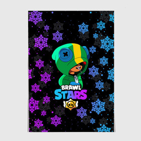 Постер с принтом Новогодний Brawl Stars LEON в Рязани, 100% бумага
 | бумага, плотность 150 мг. Матовая, но за счет высокого коэффициента гладкости имеет небольшой блеск и дает на свету блики, но в отличии от глянцевой бумаги не покрыта лаком | brawl | brawl stars | crow | leon | stars | бравл | бравл старс | браво старс | игра | компьютерная | кров | леон | новогодний | новый год | онлайн | с новым годом | снежинки | старс