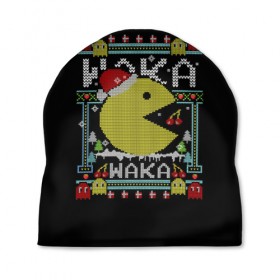 Шапка 3D с принтом Pac-man sweater в Рязани, 100% полиэстер | универсальный размер, печать по всей поверхности изделия | Тематика изображения на принте: cherry | christmas | holyday | new | pac man | pacman | snow | snowflakes | sweater | three | xmas | year | вишня | год | елка | клубника | новый | пакман | праздник | рождество | свитер