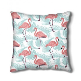 Подушка 3D с принтом Тропический арт в Рязани, наволочка – 100% полиэстер, наполнитель – холлофайбер (легкий наполнитель, не вызывает аллергию). | состоит из подушки и наволочки. Наволочка на молнии, легко снимается для стирки | animal | bird | flamingo | pink | pnik flamingo | животные | птицы | розовый | розовый фламинго | фламинго