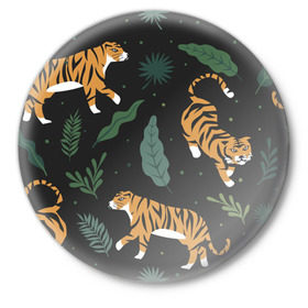 Значок с принтом Тропический тигр в Рязани,  металл | круглая форма, металлическая застежка в виде булавки | Тематика изображения на принте: tiger | гепард | дикие кошки | животные | кот | кошки | пантера | тигр | тигры