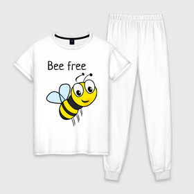 Женская пижама хлопок с принтом Bee free в Рязани, 100% хлопок | брюки и футболка прямого кроя, без карманов, на брюках мягкая резинка на поясе и по низу штанин | azmart | bee free