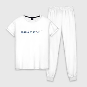 Женская пижама хлопок с принтом SPACEX - ИЛОН МАСК. в Рязани, 100% хлопок | брюки и футболка прямого кроя, без карманов, на брюках мягкая резинка на поясе и по низу штанин | elon musk | spacex | американский предприниматель | изобретатель | илон маск | инвестор | инженер