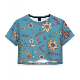 Женская футболка Cropp-top с принтом Цветочный рай в Рязани, 100% полиэстер | круглая горловина, длина футболки до линии талии, рукава с отворотами | 