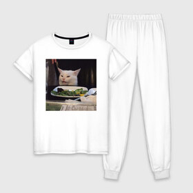 Женская пижама хлопок с принтом мемная картинка с котом в Рязани, 100% хлопок | брюки и футболка прямого кроя, без карманов, на брюках мягкая резинка на поясе и по низу штанин | кот | котэ | кошка | мем | прикол | фотография
